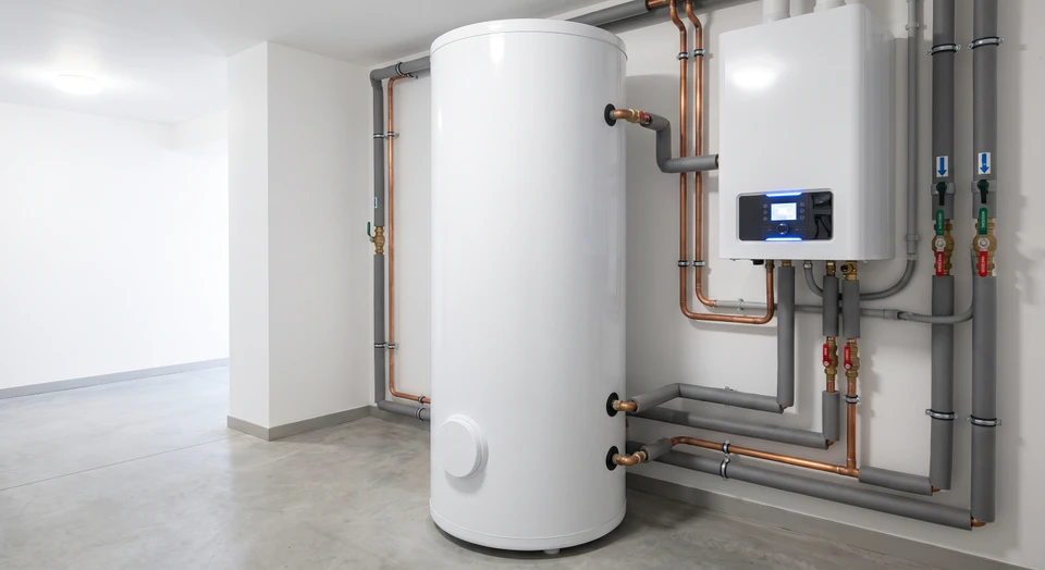 Photographie d'une installation de chauffe-eau thermodynamique en local technique : au premier plan, un ballon d'eau chaude blanc vertical cylindrique de dimensions généreuses, accompagné d'une unité compacte murale moderne avec panneau de contrôle numérique, tuyauterie isolée en cuivre ou grise, et visibles éléments caractéristiques d'une pompe à chaleur. L'espace doit être bien éclairé, propre et professionnel, montrant clairement l'efficacité énergétique de la solution installée.
