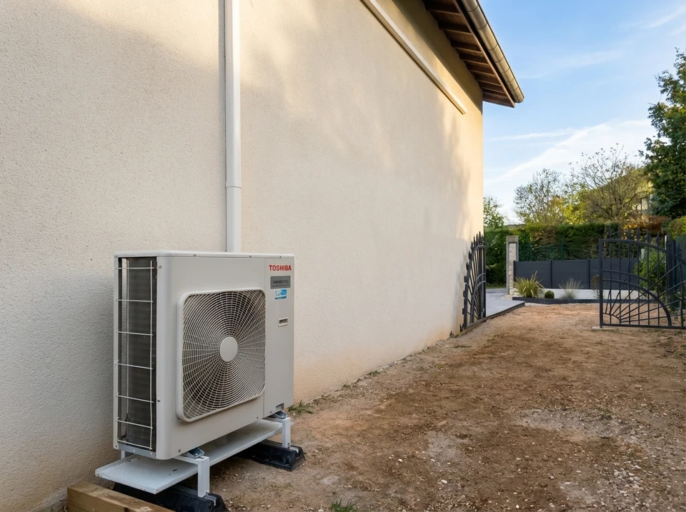 Extérieur d'une habitation avec installation de climatisation murale