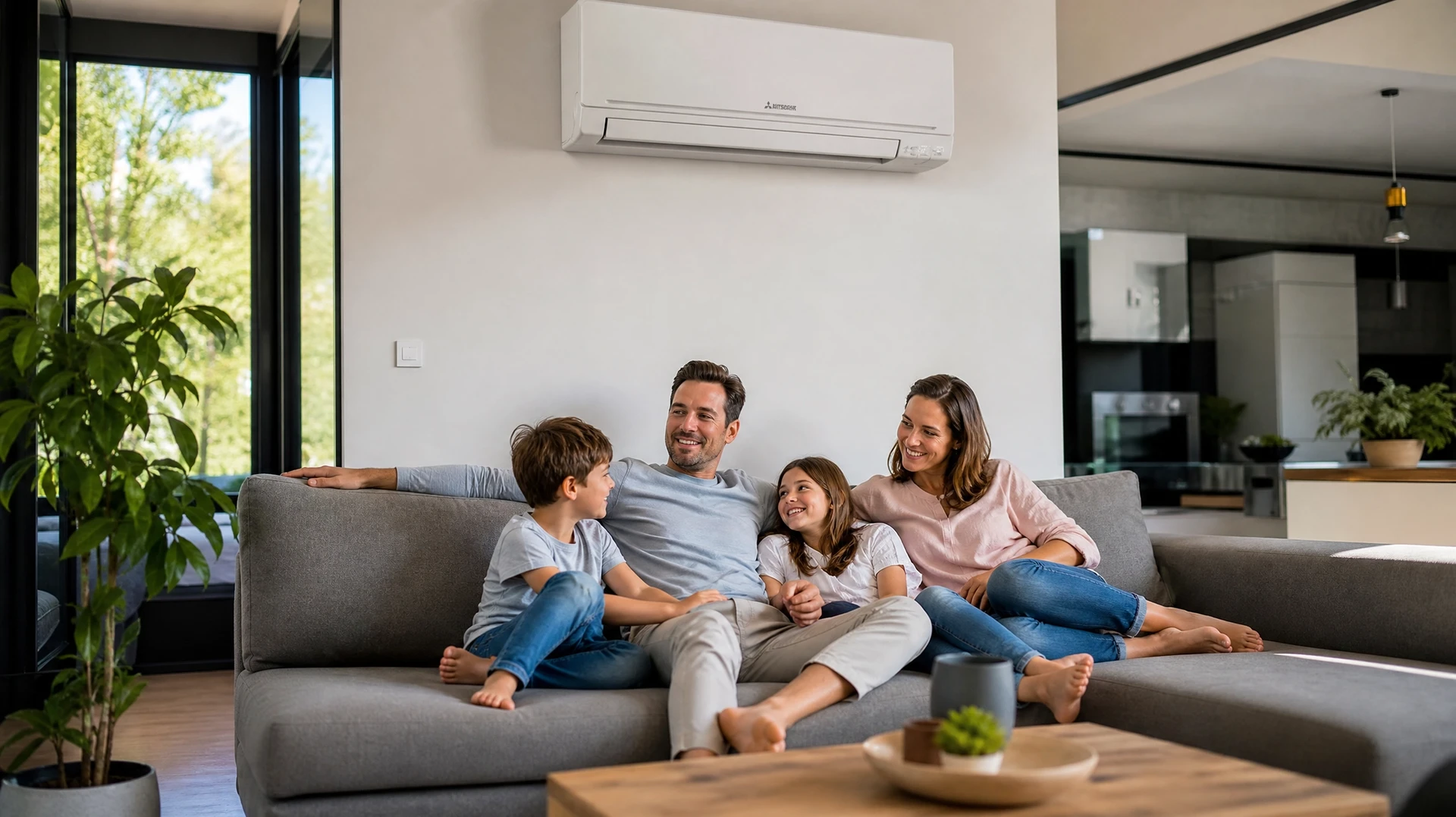 Scène intérieure résidentielle avec personne tenant une télécommande de climatisation dirigée vers une unité de climatisation murale