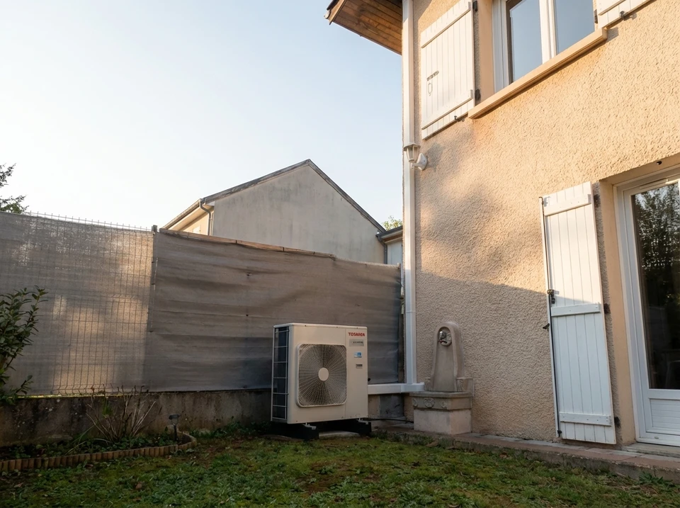 Extérieur résidentiel avec unité extérieure de climatisation fixée sur clôture en bois alternant lattes brunes et beiges