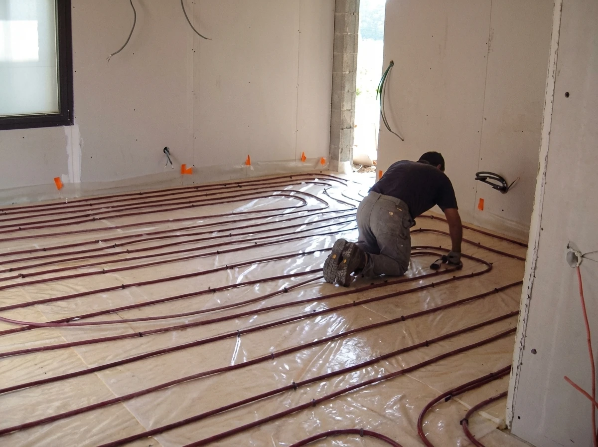 Ouvrier installant un système de chauffage au sol dans un bâtiment en construction