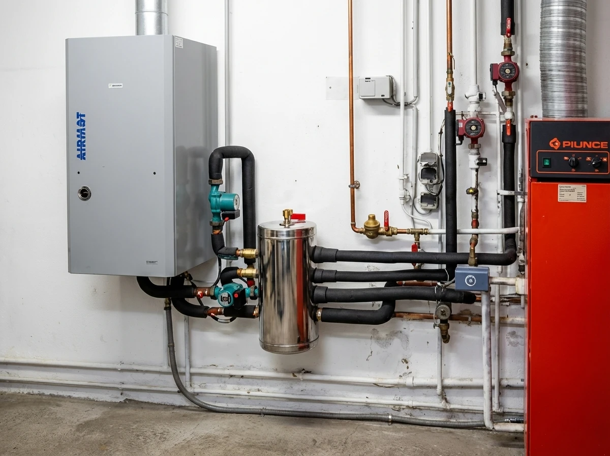Intérieur d'une chaufferie avec plombier effectuant maintenance sur installation de chauffage