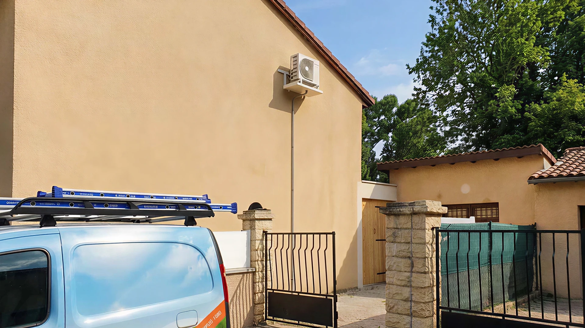 Technicien en climatisation travaillant en extérieur, agenouillé près d'une unité de climatisation