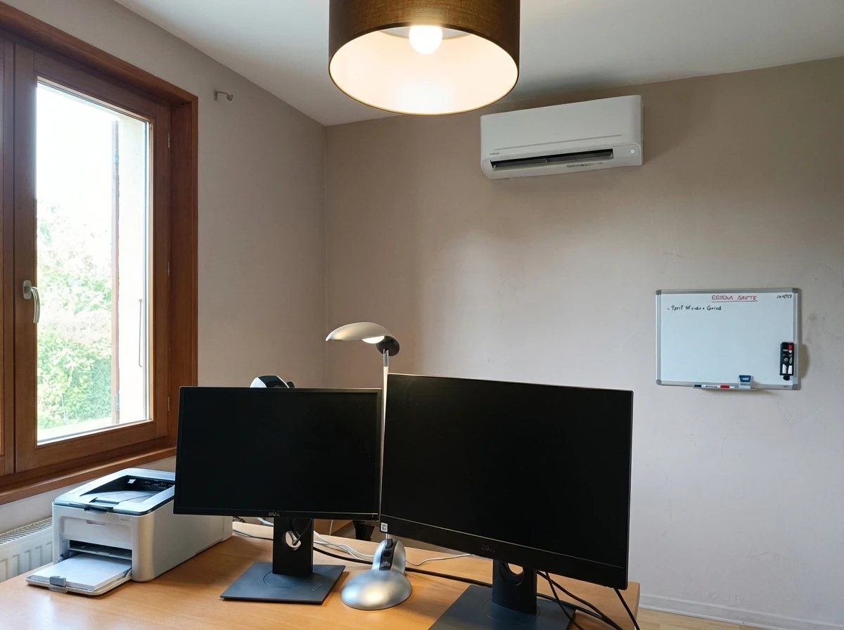 Extérieur résidentiel avec unité de climatisation installée sur dalle béton devant maison bleue